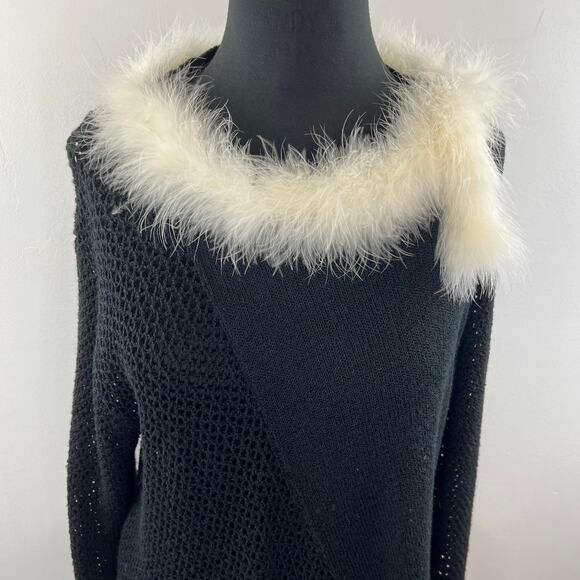 TERA BORA Black Long Sleeve Faux Fur Trim Open Knit Asymmetric Sweater Tunic 2 - Picture 2 of 7